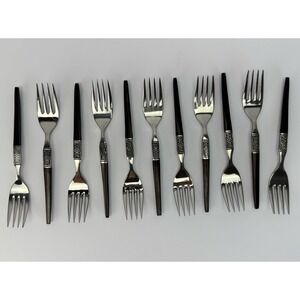 11 Vtg Ekco Eterna LA JOYA Stainless Japan MCM Salad/Dessert Forks Wood Handles